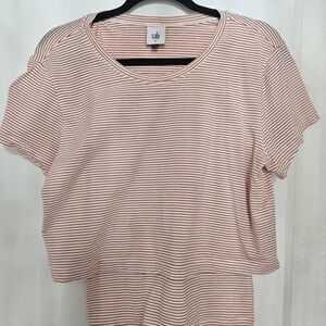 CAbi Pink and White Striped Short Sleeve Top